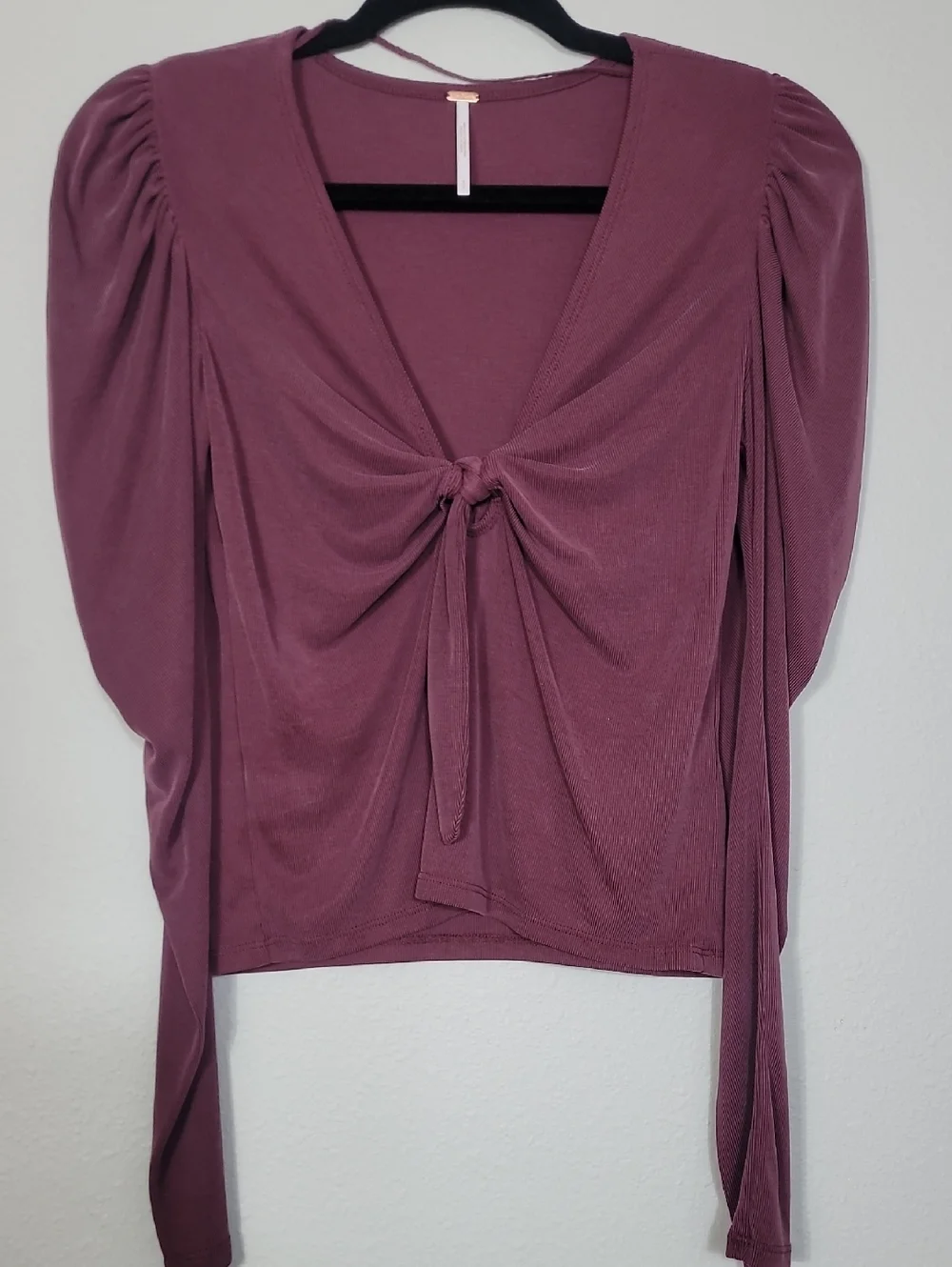 Free People Tie The Knot Top Size S Maroon Puff Sleeve Front Tie OB1054017 Boho